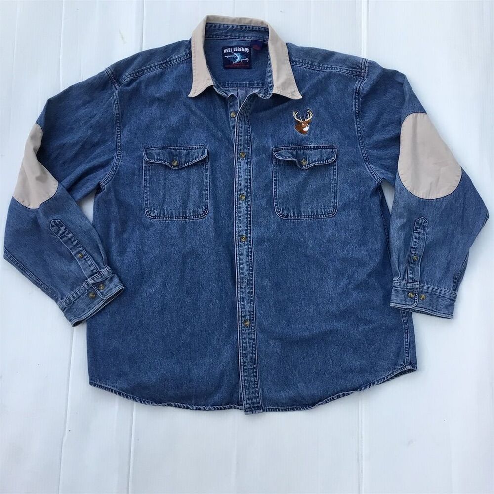 Reel Legends Men's 2XL Blue Denim Button-Up Shirt w/ Elbow Patches‎